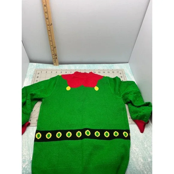 Unbranded Green Elf Christmas Sweater Kids Size 7 Popcorn Sleeve Holiday Knit - Picture 5 of 7